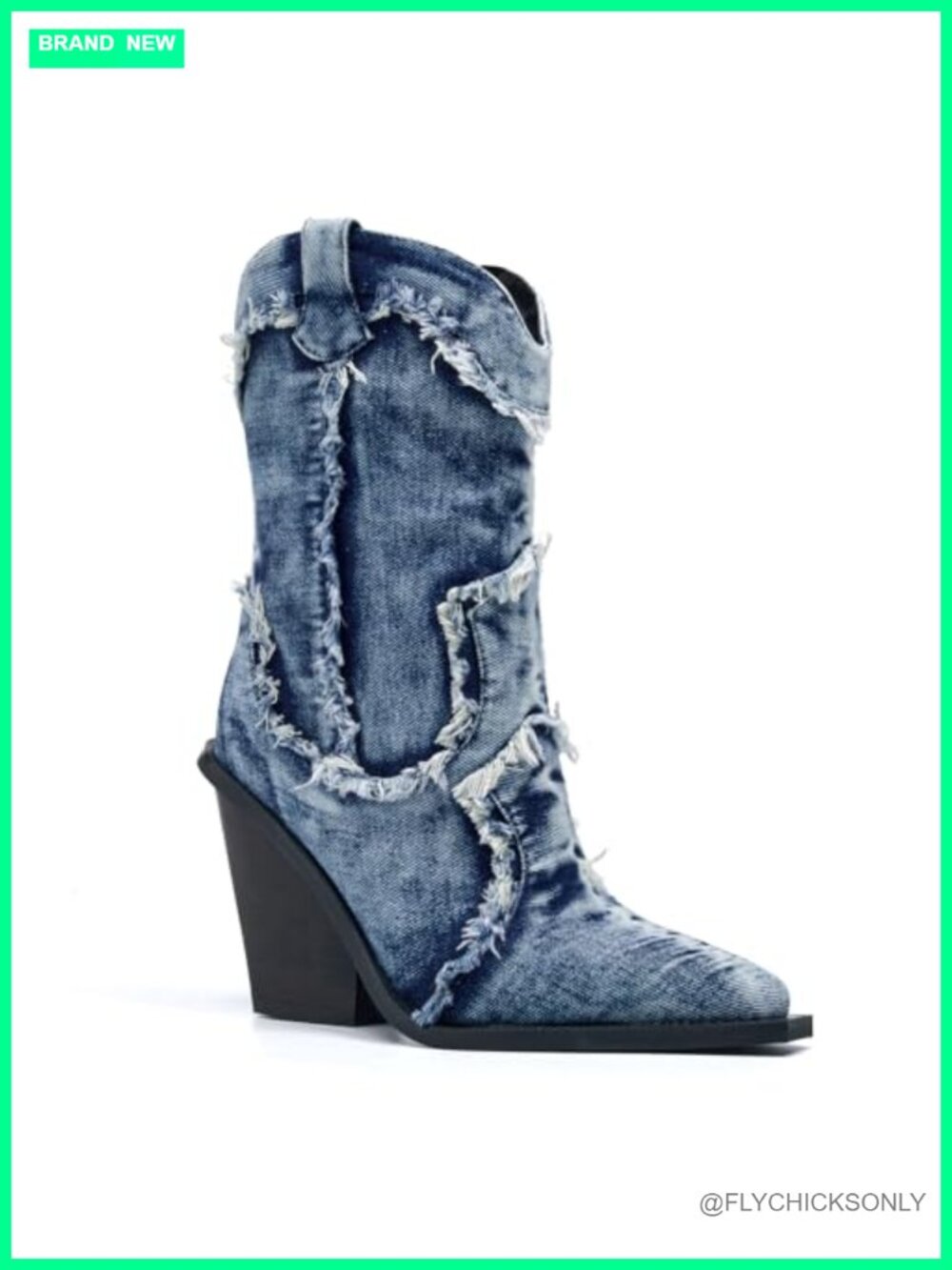 Denim Rhinestone Chunky Heel Wide Calf Cowboy Boots Pointed Toe